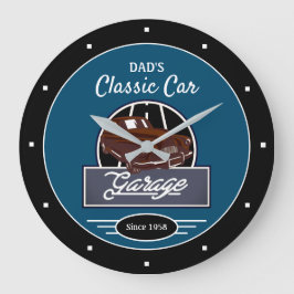 Reloj Redondo Grande Garage Dad's o Any Name Classic Car Garage Blue