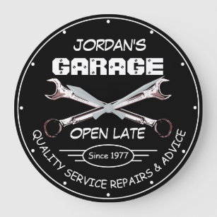 Reloj Redondo Grande Garage Name Date Tools Wrenches Mechanics Black