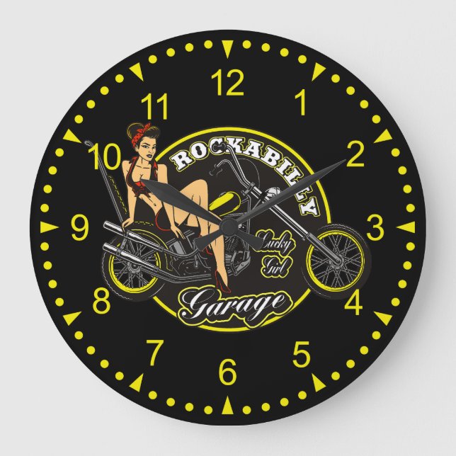 Reloj Redondo Grande Garaje para motocicletas Pinup Babe Rockabilly (Anverso)