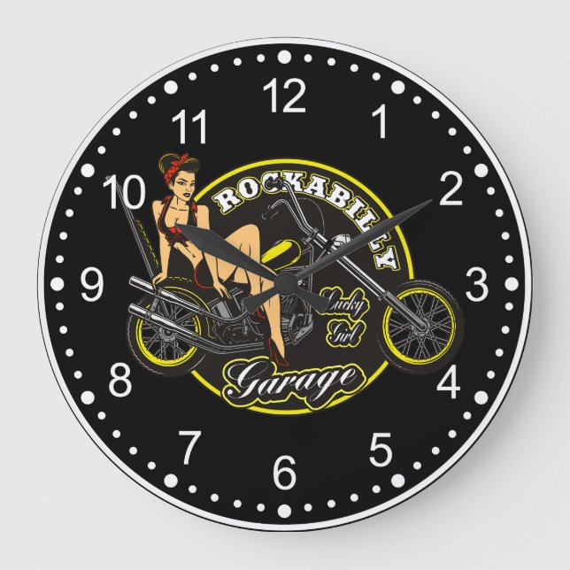 Reloj Redondo Grande Garaje para motocicletas Pinup Babe Rockabilly (Anverso)
