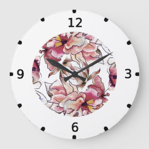 Reloj Redondo Grande Garland acuarela rosa y azul floral de Borgoña