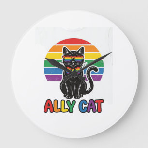 Reloj Redondo Grande Gata Aliada Arcoíris Orgullo Diseño Camiseta Gato