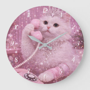 Reloj Redondo Grande Gatita Princesa Glamurosa Usando Teléfono