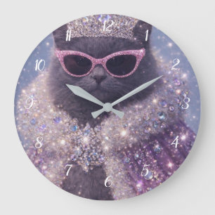Reloj Redondo Grande Gatita Reina Glamurosa Retrato de Fantasía Brillan