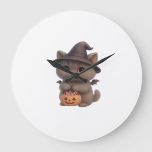 Reloj Redondo Grande Gatito adorable con disfraz de bruja de Halloween
