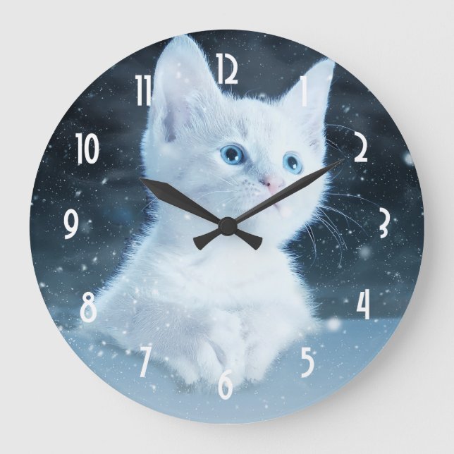 Reloj Redondo Grande Gatito blanco lindo con ojos azules de Bonito (Anverso)