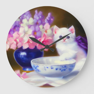 Reloj Redondo Grande Gatito blanco vintage con cinta morada