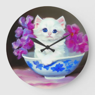 Reloj Redondo Grande Gatito blanco vintage con flores rosas