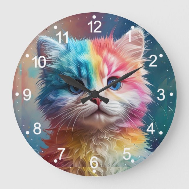 Reloj Redondo Grande Gatito de color arcoiris (Anverso)
