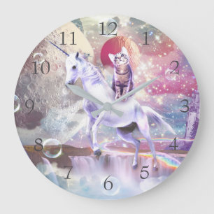 Reloj Redondo Grande Gatito de galaxia arco iris montando unicornio en