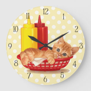 Reloj Redondo Grande Gatito hambriento del comensal retro