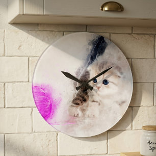 Reloj Redondo Grande Gatito jugando con una bola de hilo rosa acuarela