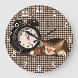 Reloj Redondo Grande Gatito retro del houndstooth