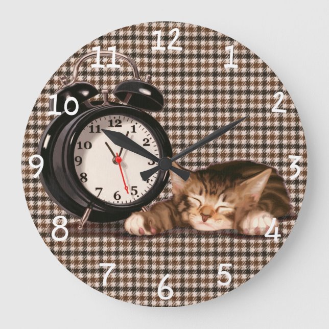 Reloj Redondo Grande Gatito retro houndstoth (Anverso)