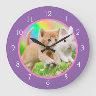 Reloj Redondo Grande Gatito y conejo con arcoiris