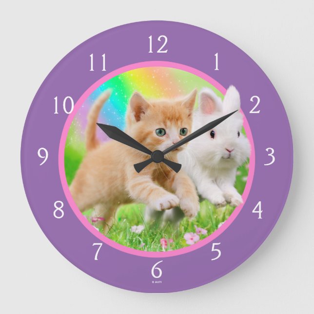 Reloj Redondo Grande Gatito y conejo con arcoiris (Anverso)