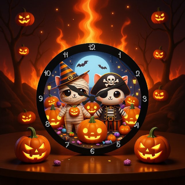 Reloj Redondo Grande Gatitos y calabazas espeluznantes de Halloween (Subido por el creador)