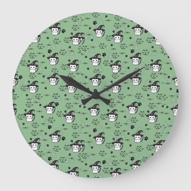 Reloj Redondo Grande Gatitos y pinturas en verde del mar oscuro (Anverso)