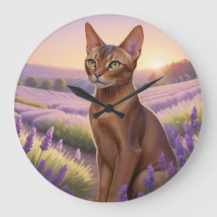 Reloj Redondo Grande Gato abisinio en campo de lavanda