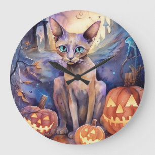 Reloj Redondo Grande Gato abissiniano de Halloween con miedo a la calab
