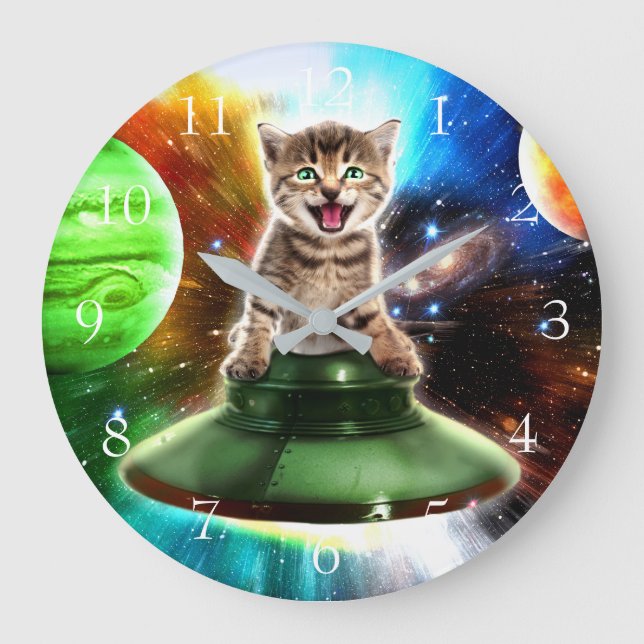 Reloj Redondo Grande Gato alienígena en el platillo de ufo (Anverso)