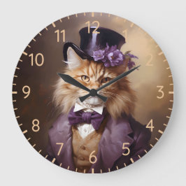 Reloj Redondo Grande Gato Aristocrático En Púrpura