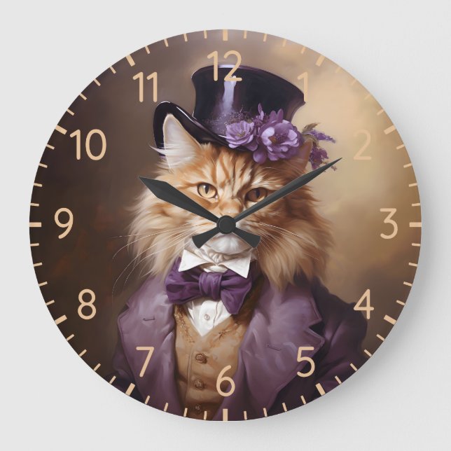 Reloj Redondo Grande Gato Aristocrático En Púrpura (Anverso)