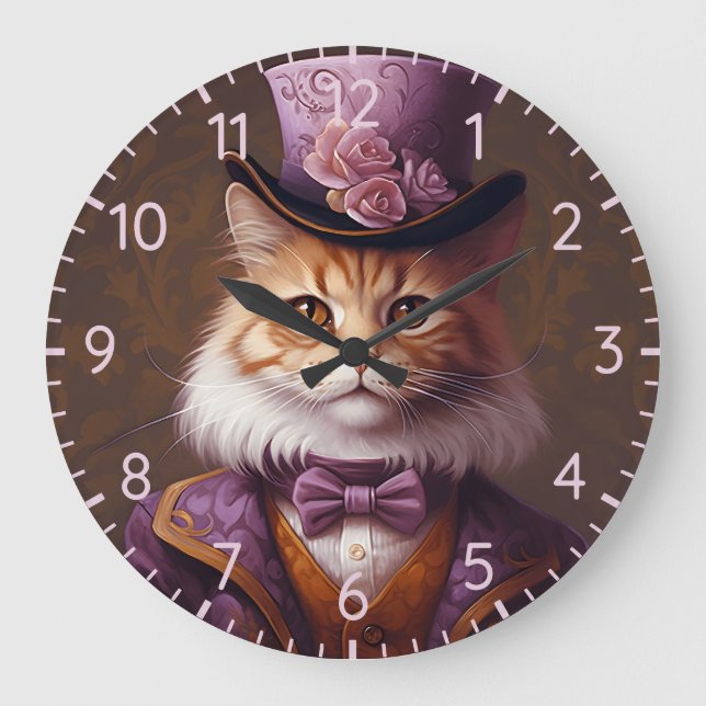 Reloj Redondo Grande Gato Aristocrático En Púrpura Y Naranja (Anverso)
