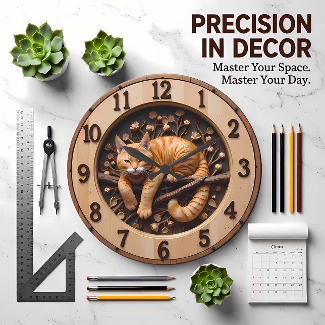 Reloj Redondo Grande Gato atigrado naranja acogedor de madera (Subido por el creador)