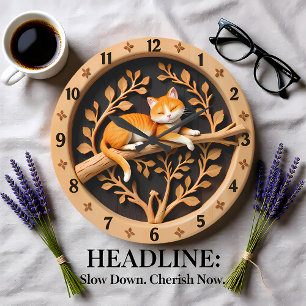 Reloj Redondo Grande Gato Atigrado Naranja Durmiendo Hoja
