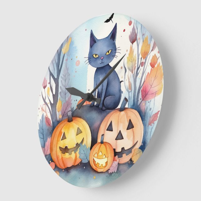Reloj Redondo Grande Gato azul oriental de Halloween con calabazas ater (Ángulo)