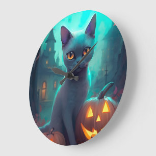 Reloj Redondo Grande Gato Azul Ruso de Halloween con Calabazas Espeluzn