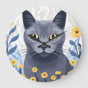 Reloj Redondo Grande Gato Azul Ruso Flores Amarillas