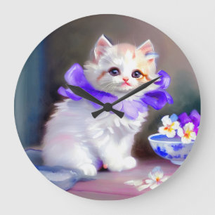 Reloj Redondo Grande Gato blanco con pintura de cuello de flores morada