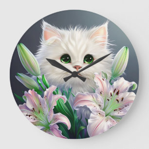 Reloj Redondo Grande Gato blanco detrás de animados labios