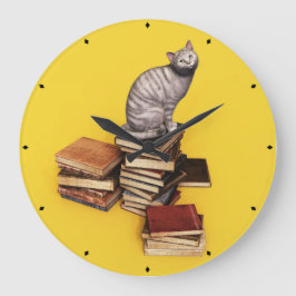 Reloj Redondo Grande Gato británico sobre una pila de libros