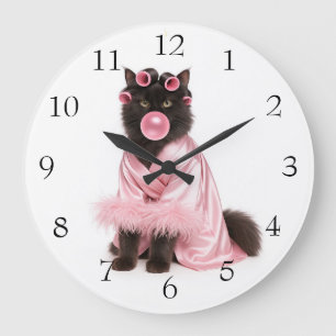 Reloj Redondo Grande Gato con bata rosa con rulos y chicle