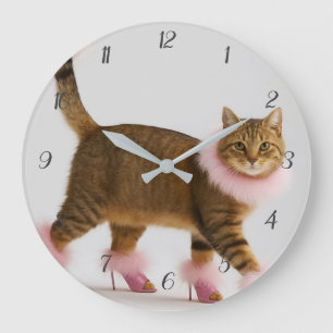 Reloj Redondo Grande Gato con estilo en tacones rosas y glamour esponjo