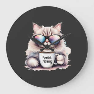 Reloj Redondo Grande gato con gafas de sol y sosteniendo una taza de ca