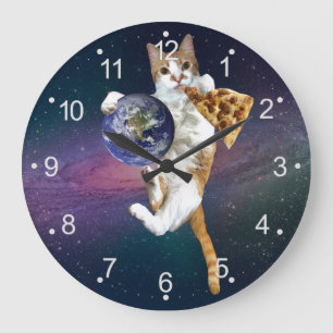 Reloj Redondo Grande Gato con planeta y pizza