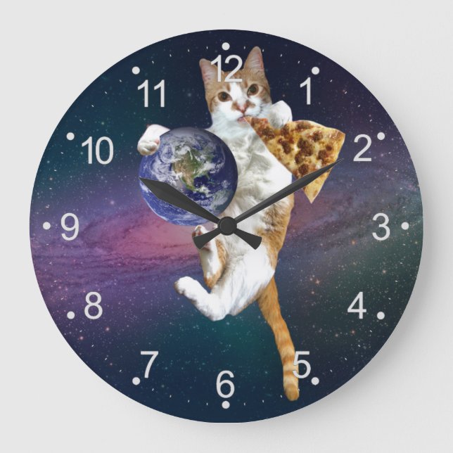 Reloj Redondo Grande Gato con planeta y pizza (Anverso)