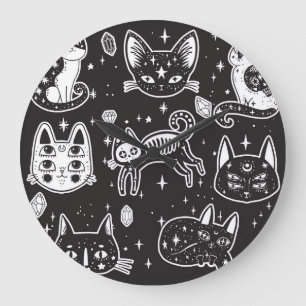 Reloj Redondo Grande Gato de bruja: Ilustracion aislado de época