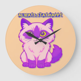 Reloj Redondo Grande gato de dibujos animados rosa y morado