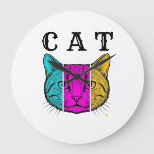 Reloj Redondo Grande Gato de diseño gráfico de bloque de color grabado