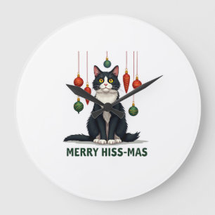 Reloj Redondo Grande Gato de esmoquin de Navidad con decoraciones navid