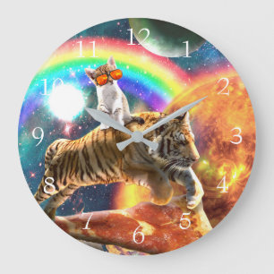 Reloj Redondo Grande Gato de galaxia espacial montando tigre en pizza