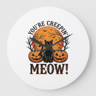 Reloj Redondo Grande Gato de Halloween antiguo Meow sigiloso Grabado_1