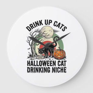 Reloj Redondo Grande Gato de Halloween bebiendo camiseta de fiesta de l