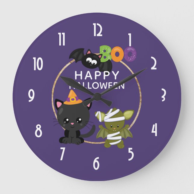 Reloj Redondo Grande Gato de Halloween, murciélago y boo momia (Anverso)