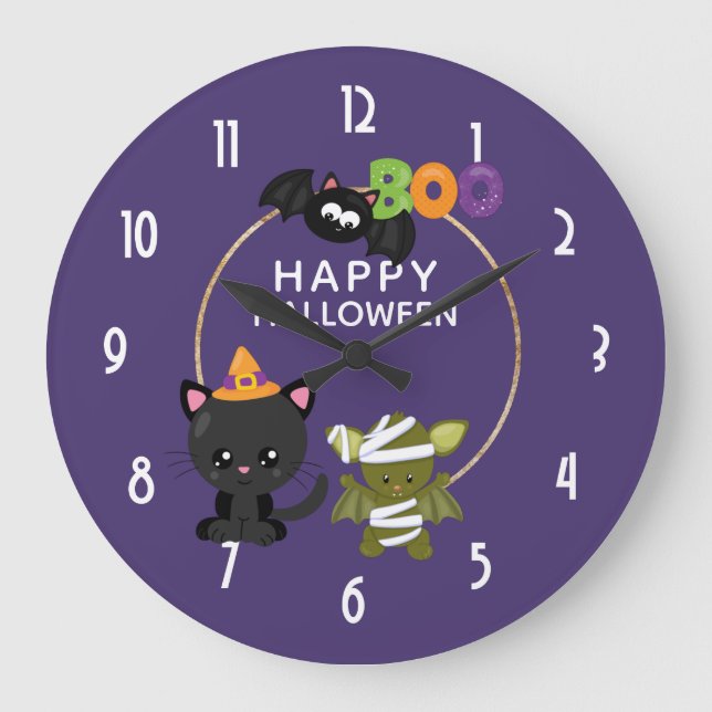 Reloj Redondo Grande Gato de Halloween, murciélago y boo momia (Anverso)